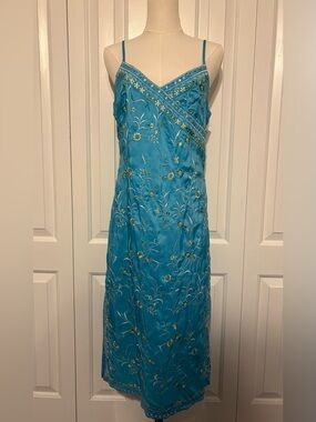 Vintage HYPE, Y2K Silk Floral Embroidered Blue Slip Dress